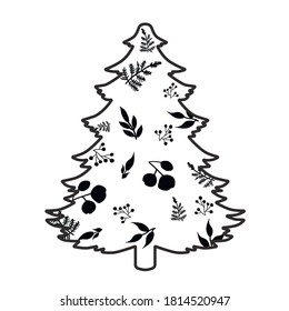 Print Hand-drawn vector christmas tree with floral decoration background. silhouette element design collection.