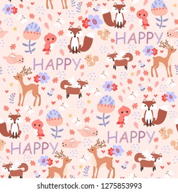print happy animal rabbit fox bird deer seamless pattern