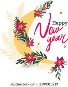 Print happy new year. Print with Christmas flower, Christmas tree and moon. Vector Illustration. Print for t-shirt, card, stationery, clothes, socks, web and other designs.