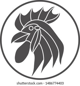 Print of a head of a cock head in profile in a circle
