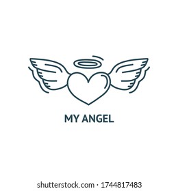 Print of heart with angel wings and halo. Print for Saint Valentines Day and those who are in love. Vector illustration