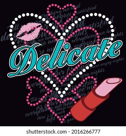print with hearts, lipstick and text on black background