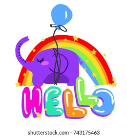 print hello with an elephant on a balloon on T-shirt . illustrations hello.