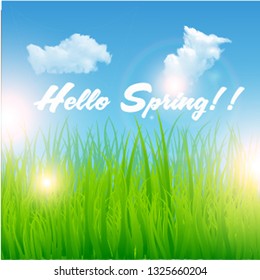 Print Hello Spring Background with green grass