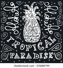 Print "Hello summer" with a pineapple. Hand drawn lettering. This illustration can be used as a print on T-shirts and bags.