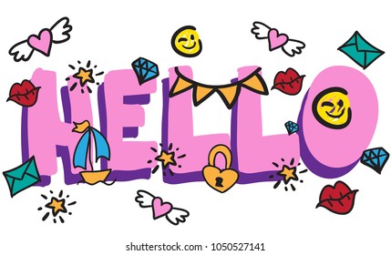Print hi with doodle elements star, lips, heart, boat, castle, letter, smiley. print for wallpaper, t-shirt, web, backpack, fabric, textile, cushion, canvas