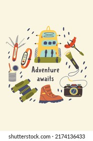 Print Hiking Items. Hiking, Camping. Adventure Nature Poster For Nursery Room. Children Design Card Vector Doodle Naive Art Illustration