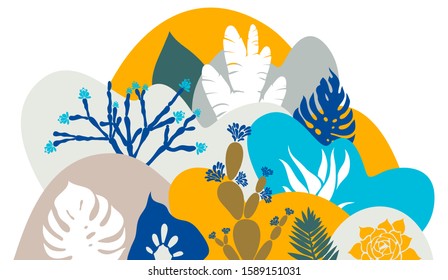 A print with a hilly landscape in which palm trees, cacti and succulents grow. Botanical tropical garden. Environmental protection. Vector illustration.