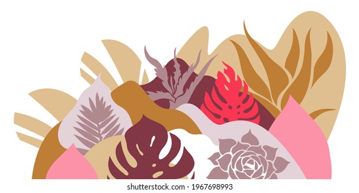 A print with a hilly landscape in which palm trees, cacti and succulents grow. Botanical tropical garden. Environmental protection. Vector illustration.