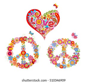 Print with hippie symbolic, colorful peace flower symbol and floral heart shape