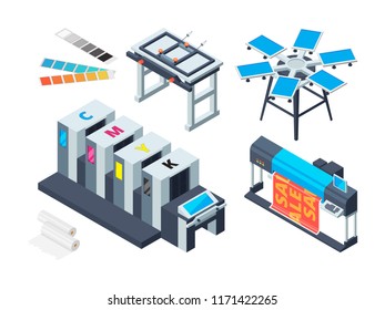 Print house machine. Digital laser printer inkjet plotter various printing tools vector isometric pictures. Printer technology, device print equipment illustration