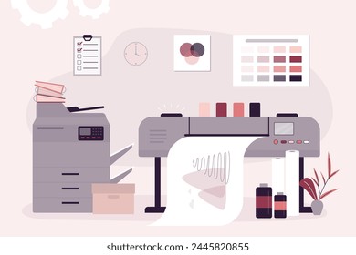 Print house machine. Digital laser printer and inkjet plotter. Printing technology, device printing large size paper. Paperwork, workflow. Art studio, copy center. Room interior, nobody. flat vector