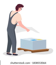 Print house worker male character stacks big printed sheets of paper on pallet vector isolated illustration. Man in uniform gray jumpsuit works in a typography back view, industrial profession