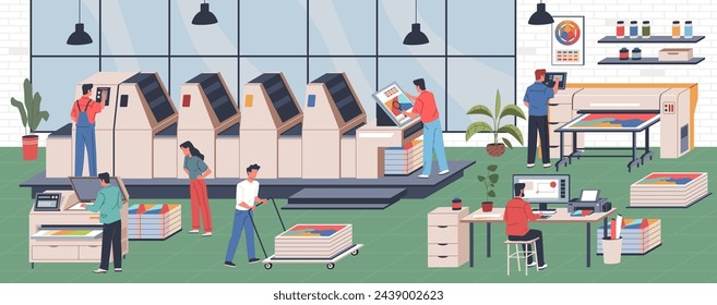 Print house workers. Production process printed products, people in copy center, typography machines and equipment, scanner and copier cartoon flat style isolated nowaday vector concept