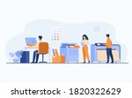 Print house workers using computers and operating big commercial printers for printing banners and posters. Vector illustration for ad agency, printing industry, advertising design concept