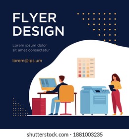 Print house workers using computers and operating big commercial printers for printing banners and posters. Vector illustration for ad agency, printing industry, advertising design concept