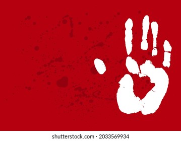 Print of a human hand with copy space. Palm imprint in white over blood splatter red. Vector horror Halloween illustration, room for text.
