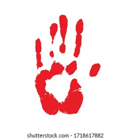 Print of a human hand. Red palm imprint isolated over white. Vector grunge illustration.