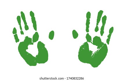 Print of human hands. Palm imprints set in green isolated over white. Vector grunge illustration.