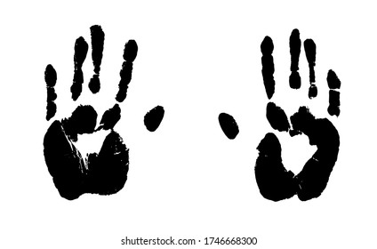 Impresión de manos humanas. Las palmas se imprimen en negro aislado sobre blanco. Ilustración de grunge vectorial.