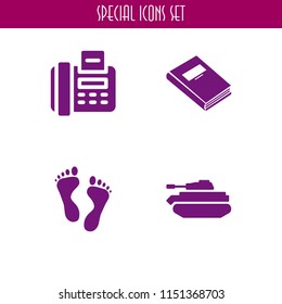 print icon. 4 print set with book, tank, fax and human footprint vector icons for web and mobile app