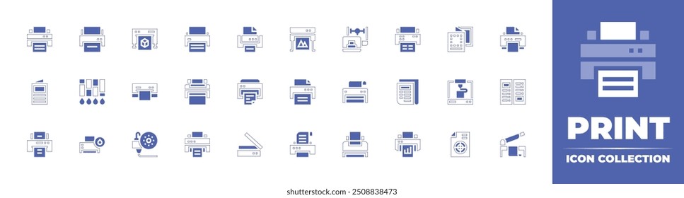 Print icon collection. Duotone style line stroke and bold. Vector illustration. Containing printer, newspaper, inklevel, dprinting, laptop, brochure, plotter, scanner.