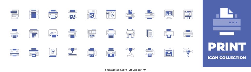 Print icon collection. Duotone style line stroke and bold. Vector illustration. Containing printingmachine, plotter, largeformat, printer, print, dprinting, printing, file, book, dprinter, ink.