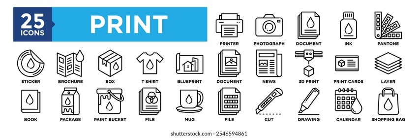 Conjunto de colección de iconos de impresión. Con diseño Impresora, Fotografía, Documento, Tinta, Pantone