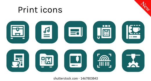 print icon set. 10 filled print icons.  Collection Of - 3d printer, Poster, Newspaper, Fax, 3d printing scanner, Fingerprint