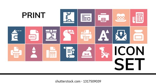 print icon set. 19 filled print icons.  Simple modern icons about  - Printer, Spray paint, Birthday boy, Fax, Certificate, Dog, Giraffe, Cmyk, Printing, Toucan, Font, Ink, Newspaper
