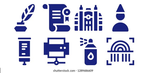  print icon set. 8 filled print icons. Simple modern icons about  - Roll up, Ink, Printer, Certificate, Paint spray, Monaco, Fingerprint, Birthday boy