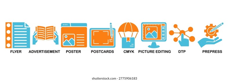 Print icon set Aqua Orange Flat concept for flyer, advertisement, brochure, poster, postcards, cmyk, picture editing, dtp, and prepress