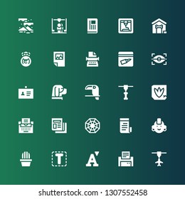 print icon set. Collection of 25 filled print icons included d printer, Printer, Font, Cactus, Punk, Newspaper, Pagan, Typewriter, Footprint, Toucan, Dog, ID, Eye scan, Evidence