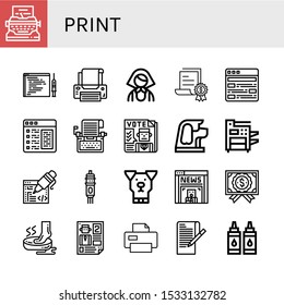 print icon set. Collection of Typewriter, Code injection, Printer, Russian, Certificate, Article, Newspaper, Dog, Photocopier, Coding, Cartridge, News, Foot, Leaflet, Paper icons