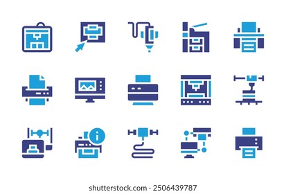 Print icon set. Duotone color. Vector illustration. Containing printingmachine, printbutton, print, printing, dprinting, laptop, 3dprinter, printer.