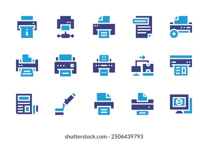 Print icon set. Duotone color. Vector illustration. Containing printer, add, printingmachine, printing, dprinting, dmodeling, file, newspaper, send.