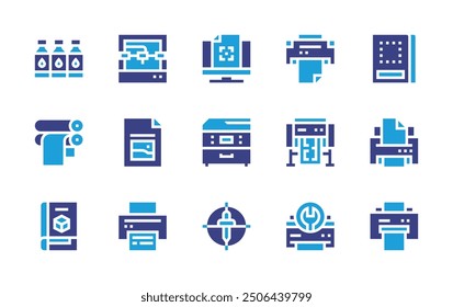 Conjunto de iconos de impresión. Color duotono. Ilustración vectorial. Contiene impresión, impresión, rollo de papel, plotter, cartucho de tinta, impresora, 3dprinter, cmyk, fotocopiadora.