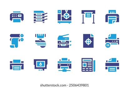 Print icon set. Duotone color. Vector illustration. Containing rollingmachine, newspaper, printingtest, scanner, printer, organ, inkcartridge, 3dprinter.