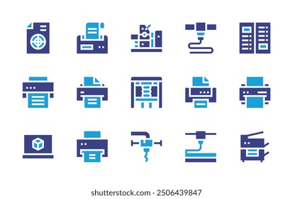 Print icon set. Duotone color. Vector illustration. Containing 3dprinter, offset, dprinting, printingtest, printingpress, 3dprintingsoftware, scanner, printer, menu.