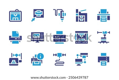 Print icon set. Duotone color. Vector illustration. Containing printingmachine, printbutton, print, printing, dprinting, laptop, 3dprinter, printer.