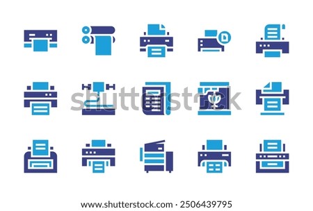 Print icon set. Duotone color. Vector illustration. Containing printcylinder, printer, newspaper, 3dprinter.