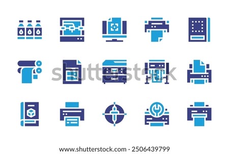 Print icon set. Duotone color. Vector illustration. Containing print, printing, paperroll, plotter, inkcartridge, printer, 3dprinter, cmyk, photocopier.