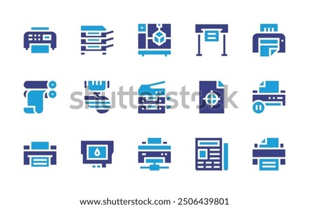 Print icon set. Duotone color. Vector illustration. Containing rollingmachine, newspaper, printingtest, scanner, printer, organ, inkcartridge, 3dprinter.