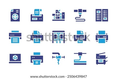 Print icon set. Duotone color. Vector illustration. Containing 3dprinter, offset, dprinting, printingtest, printingpress, 3dprintingsoftware, scanner, printer, menu.