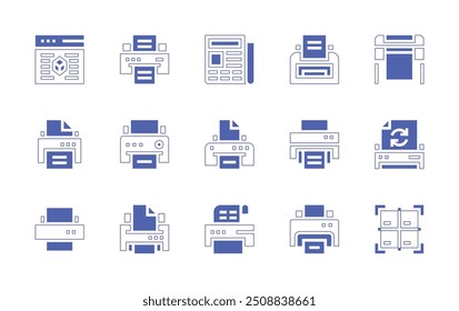 Print icon set. Duotone style line stroke and bold. Vector illustration. Containing printer, newspaper, largeformat, dprinting, cmyk, recycledpaper.