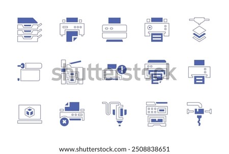 Print icon set. Duotone style line stroke and bold. Vector illustration. Containing printingmachine, layers, printer, dprinting, printing, dprintingsoftware, print, remove, paperroll.