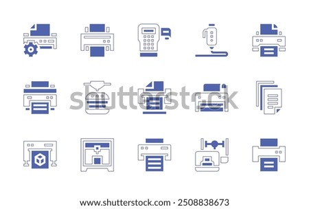 Print icon set. Duotone style line stroke and bold. Vector illustration. Containing paper, printer, 3d, labeling, food, 3dprinting, printing, laptop, settings, 3dprinter.