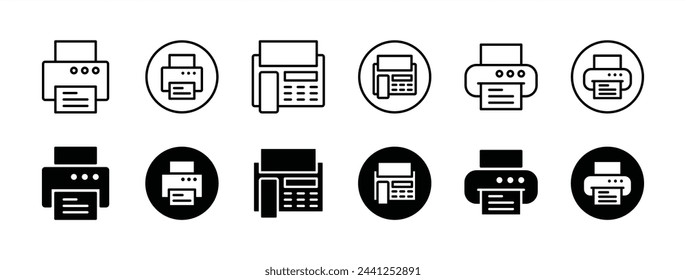 Conjunto de iconos de impresión. Botón de icono de impresora y fax. Conteniendo impresión, papel, máquina, documento en la oficina. Ilustración de vector