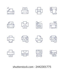 Print icon set. Thin line icon. Editable stroke. Containing wifi, electronics, printer, print, printcylinder, plotter, cross, add, labeling, offset.