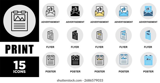 PRINT icon set with various styles and colors of corporate sustainability performance for investment screening	
